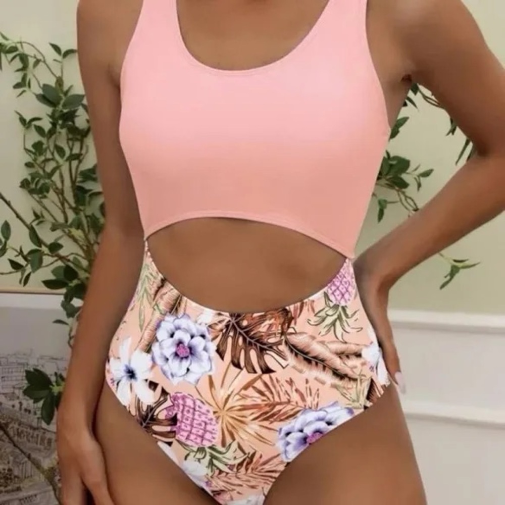 Shein Pink Floral Cutout Swimsuit
